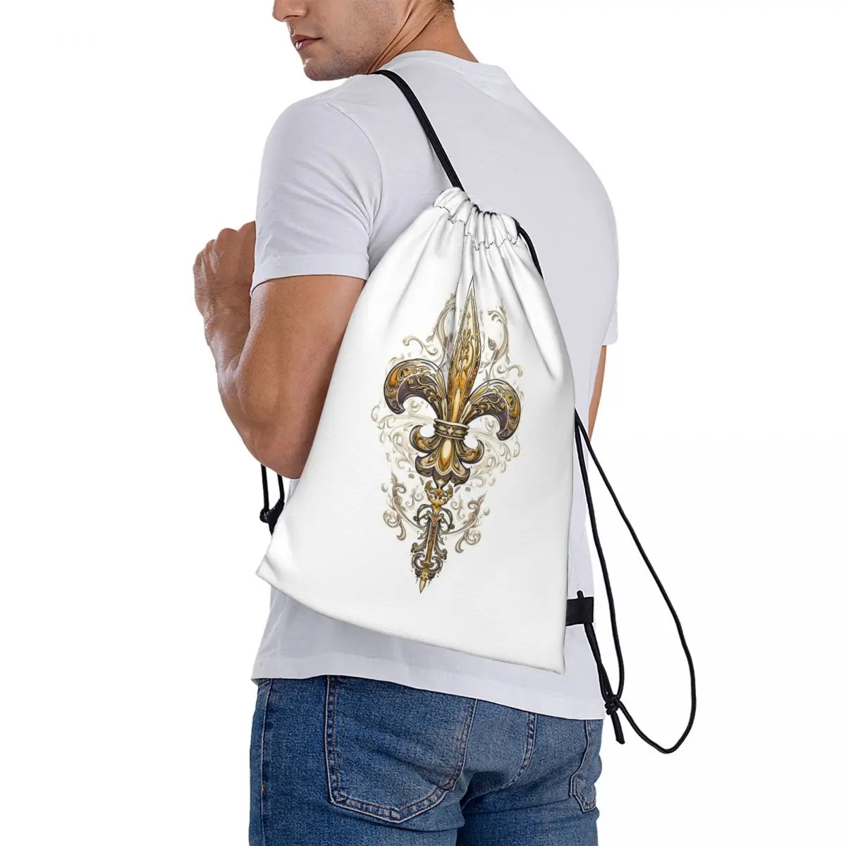 Gold Fleur De Lis Backpacks Portable Drawstring Bundle Pocket Sports Bag Book Bags for Man Woman Students