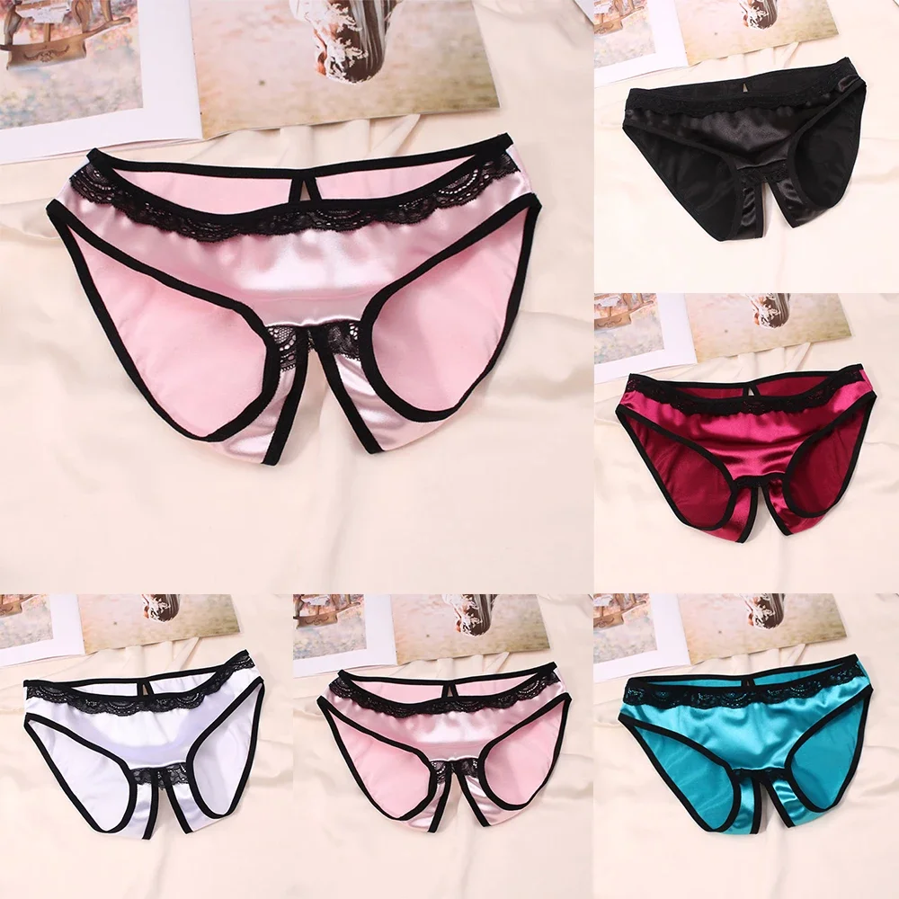 Women Silk Satin Crotchless Thong G-string Erotic Panties Low-rise Lingerie Female Underwear Briefs  Ladies Sexy Underpants A50