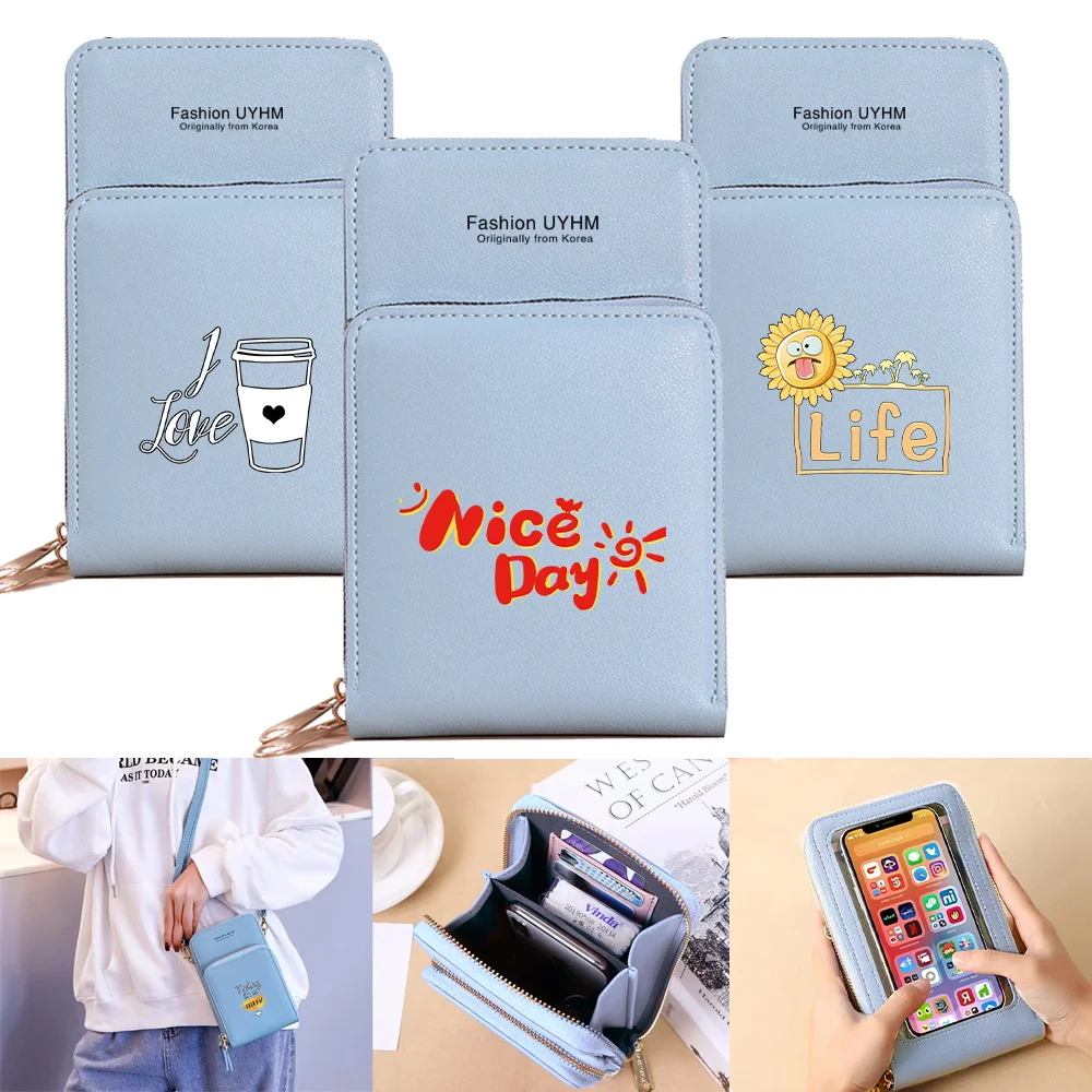 

Waterproof Mobile Phone Bags Women Shoulder Bag Pu Leather Wallets Card Holder Food Series Touch Screen Cell Phone Storage Purse