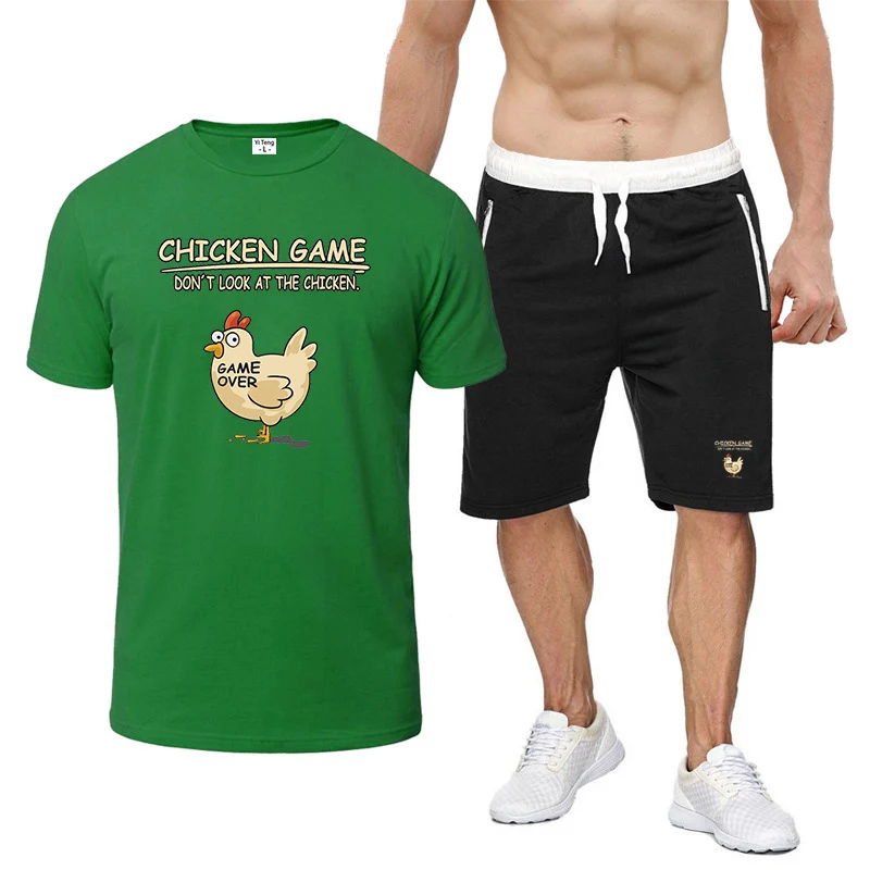 

Chicken Game Don't Look At The Chicken Pattern 2025 Summer Men's New Nine-color Short-sleeved Set Top+ Sports Pants Thin Suit