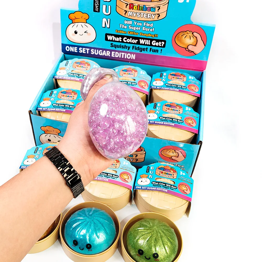 8CM Glitzer-Dumpling-Squishy mit Perlen, sensorisches Quetschspielzeug zur Stresslinderung mit Bambus-Dampfgarer, lustiges Geschenk, zufällige Farbe