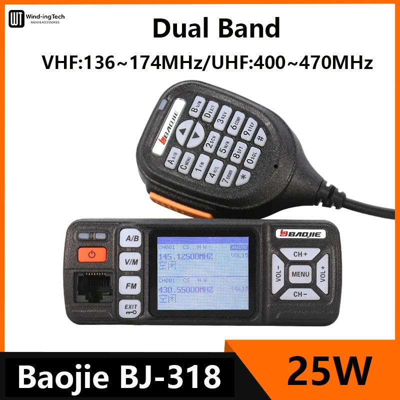 Baojie BJ-318 Min Car Mobile Radio Station 25W Dual Band VHF/UHF Vehicle Transceiver 256 Channels 10KM Upgrade Version of BJ-218