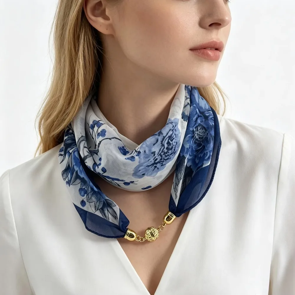1pc White Pink Flower Print Chiffon Necklace Scarf Women Magnetic Scarf Fashion Decor Neck Choker gallery 5