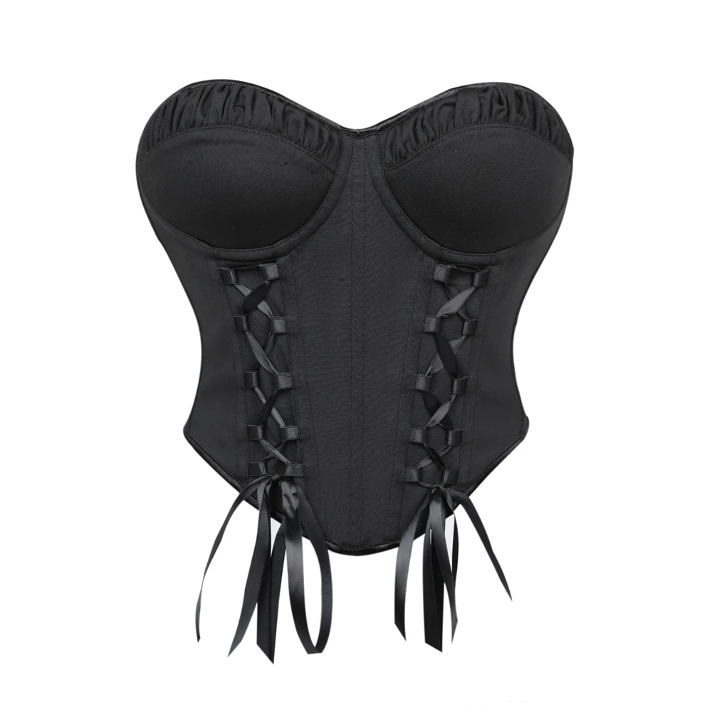 Women Black Simple Overbust Corset Crop Tops Lace Up Boned Bodice Side Zipper Fashion Strapless Bustier