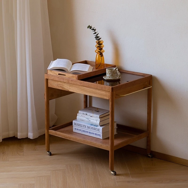 

Solid Wood Trolley Rustic Style Solid Wood Side Table Cherry Wood Living Room Movable Coffee Table Storage Unit Furniture