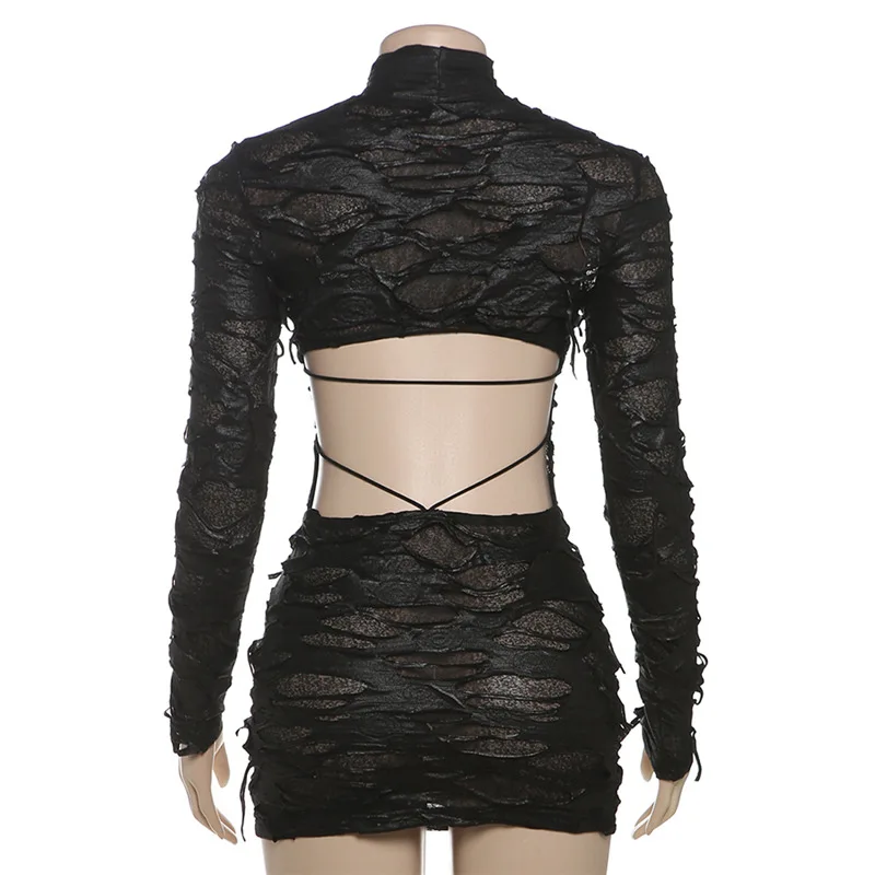 Dames aantrekkelijke rug uitgeholde patchwork gaten unieke jurk pure lange mouwen hoge kraag mini bodycon dame clubwear jurken