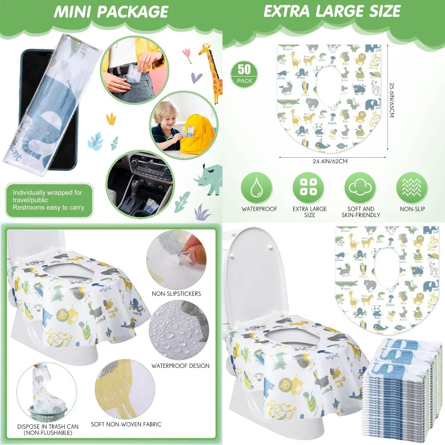 

50 упаковок одноразовых чехлов на сиденья для унитаза, очень большой, в индивидуальной упаковке для взрослых, портативное нескользящее водонепроницаемое сиденье-горшок