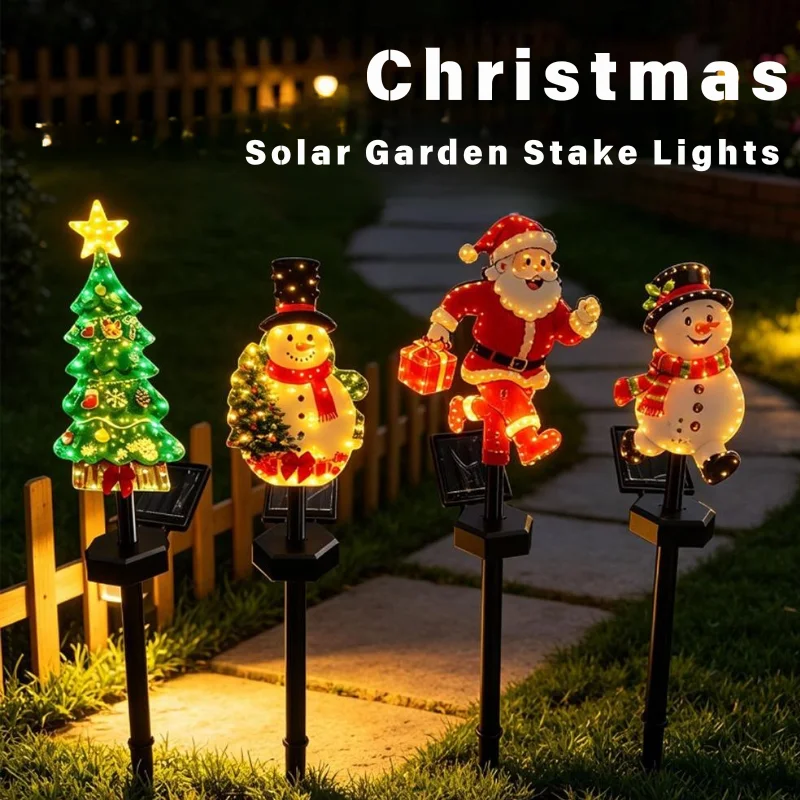 Solar LED Christmas Yard Stake Lights Santa Snowman Xmas Tree Pattern Waterproof Outdoor Garden Pathway Holiday Decoration 2027