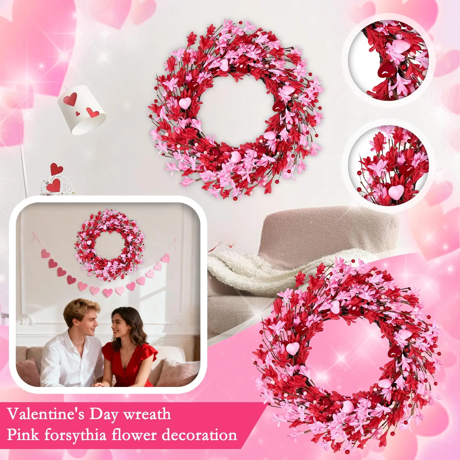 

Valentine's Day Pink Forsythia Flower Wreath Romantic Red Heart Decor Home Wall Hanging Ornament Couple Festival Party Gift 2026