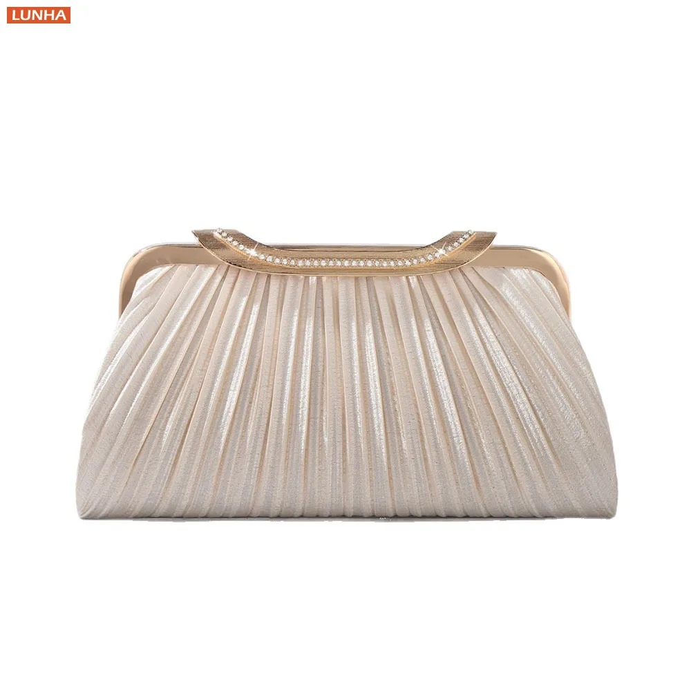 

Женская вечерняя сумка, кошельки-клатчи для женщин, плиссированная атласная сумка для свадебной вечеринки с цепочкой, плечевой ремень, элегантный абрикосовый цвет