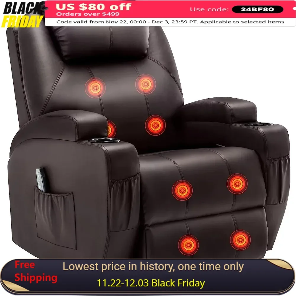 Living Room Chair with Massage and Heat, Remote Control and Cup Holder, 360° Swivel Recliner Chairs, Rocker Manual Recliner