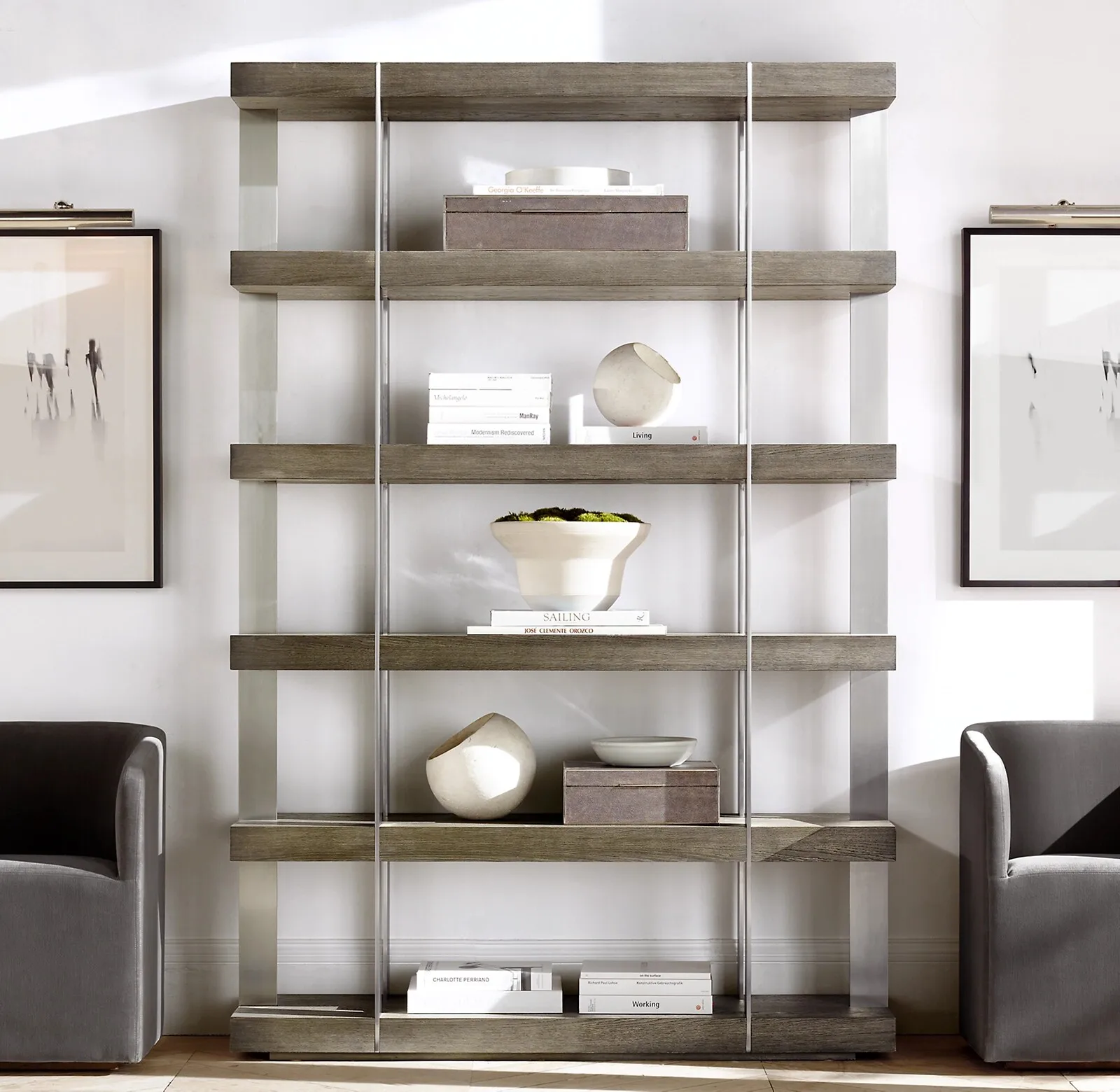 & American-style Wall-mounted Floor Shelf Stainless Steel Simple Solid Wood Reading Bookcase Office Filing Cabinet Landing
