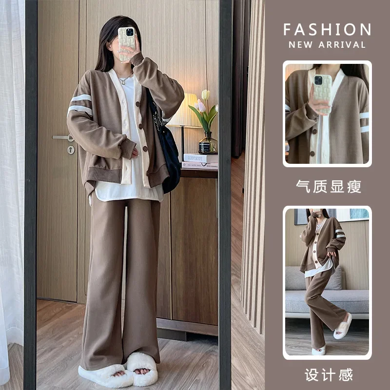 2PCS Pregnancy Outfits Maternity Cardigan Hoodies Pants Set Spring Sports Casual Zipper Sweatshirt Clothes for Pregnant Women