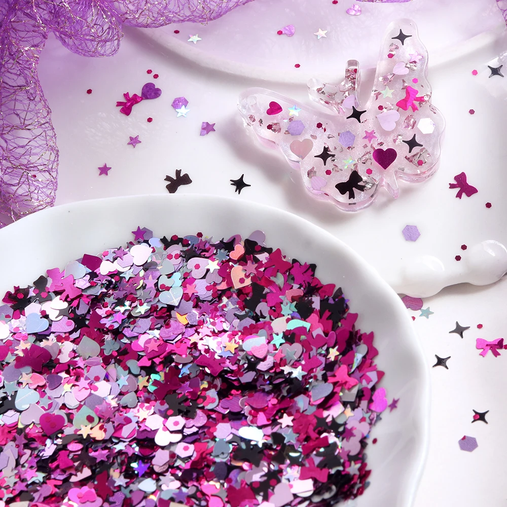 5g Magenta Bowknots Glitter Resin Sequin Hot Pink Love Heart Star Confetti for Epoxy Resin Art Decor DIY Jewelry Making Supplies