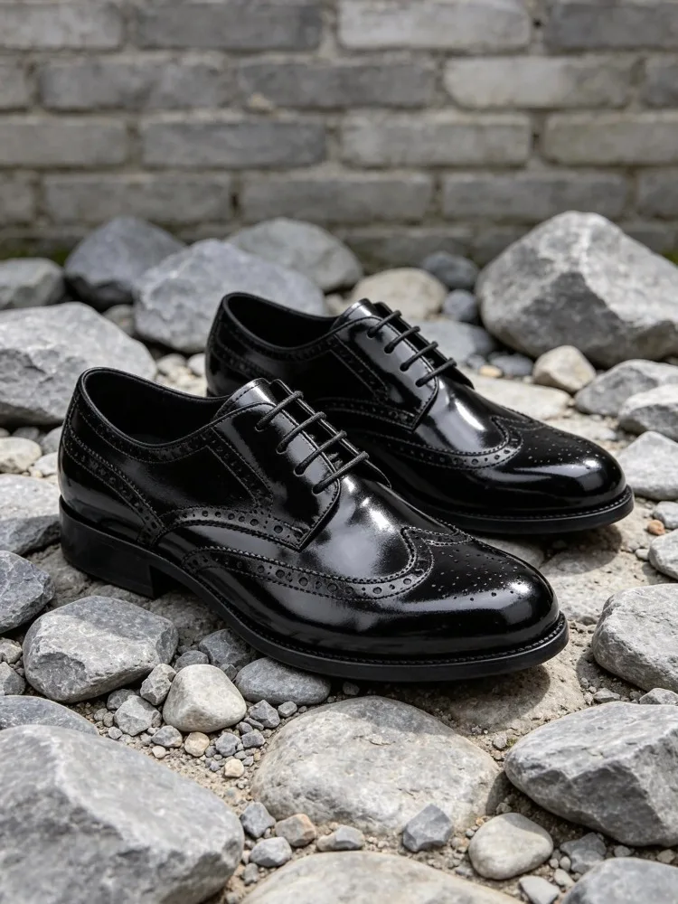 Handmade British Classic Black Brogues Horsehide Derby Shoes Lace Up Low Heel Men Office Wedding Formal Business Shoes