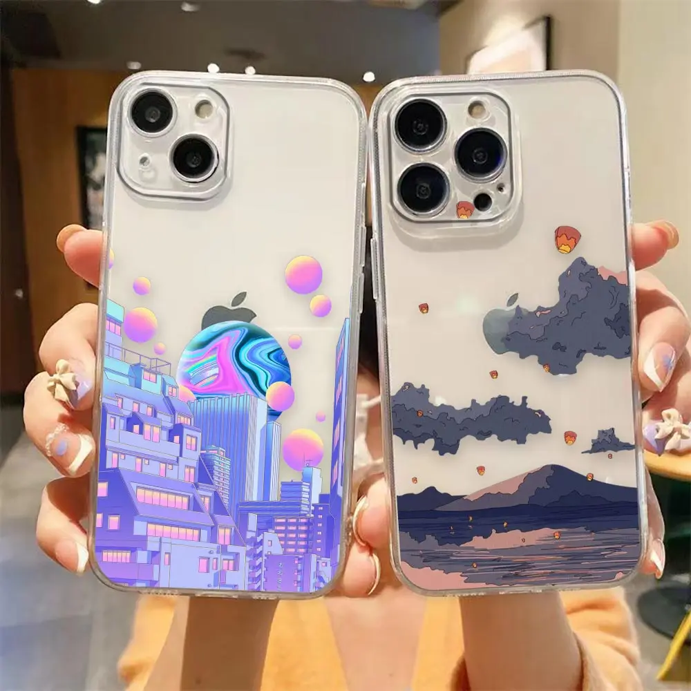 Clear Apple 14 Case For iPhone Apple 14 12 13 Mini 11 Pro 8 7 6S Plus X XR XS Max SE Case Japan Anime Hand Painted House Scenery