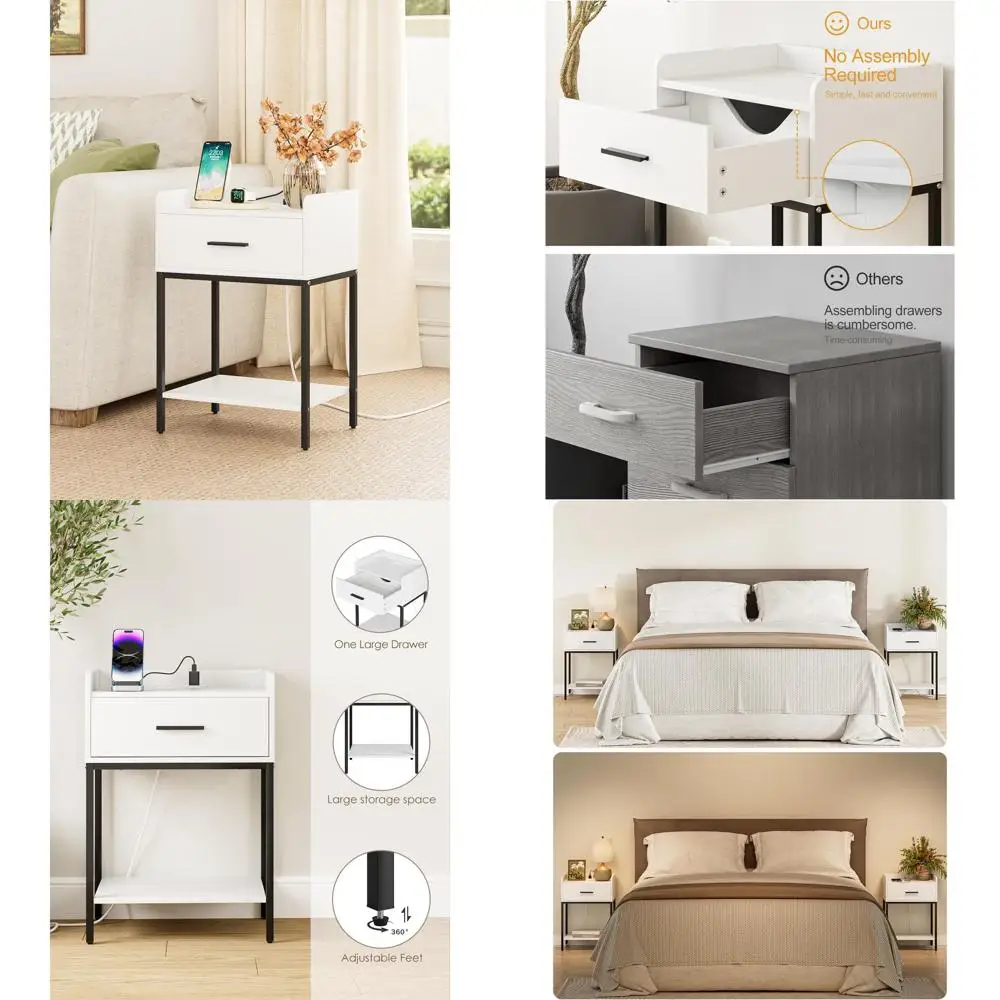 

Современная прикроватная тумбочка с зарядной станцией и выдвижным ящиком, бело-черный прикроватный столик на ножках, компактный приставной столик с открытой полкой для спальни
