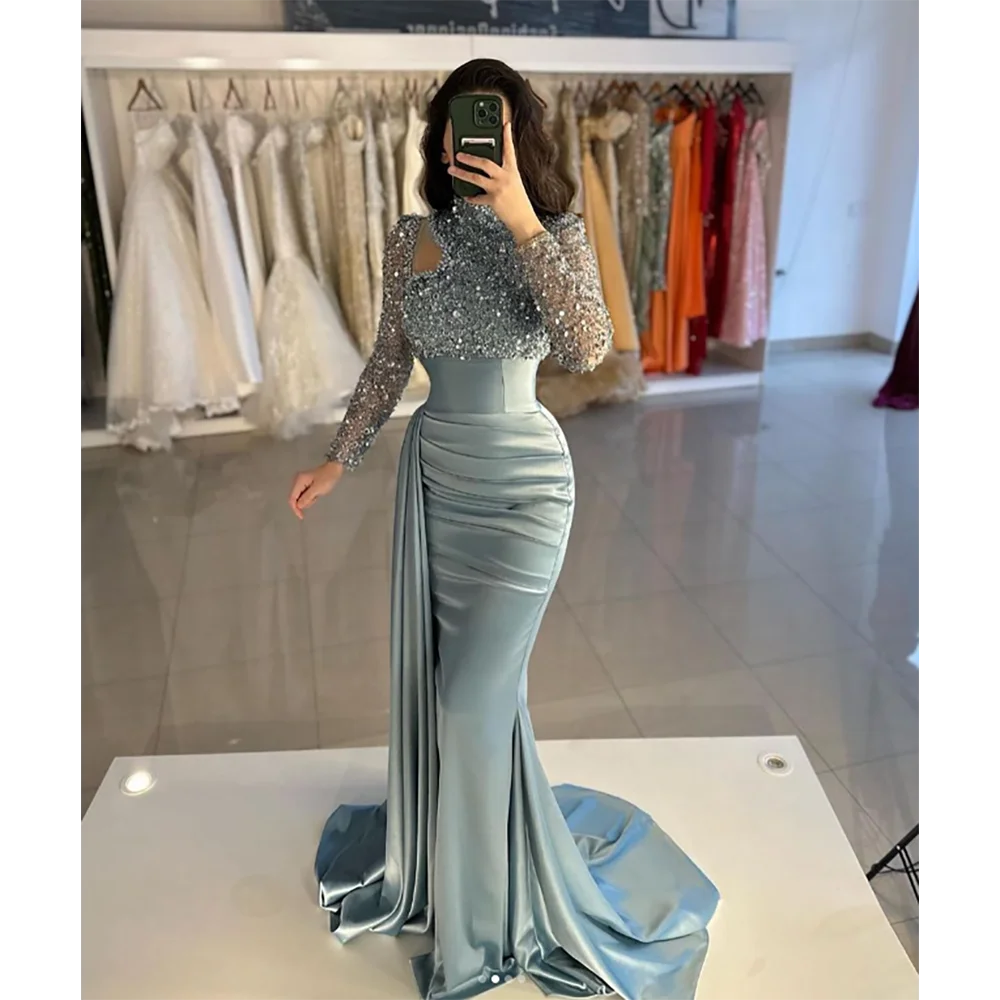 Elegant High Neck Long Sleeves Evening Dress New Fashion Female Formal Banquet Party Prom Gowns robes de soirรฉe
