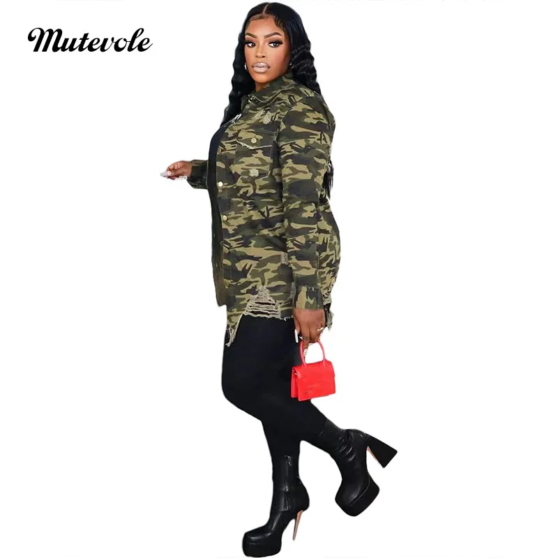 Mutevole Single Breasted Distressed Green Coats Women Lapel Neck Ripped Camouflage Jacket