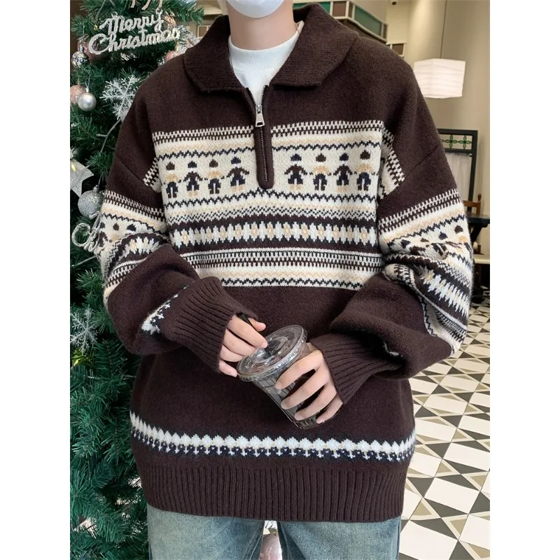 2024 New Year Striped Christmas Sweaters Men Lapel Zipper Pullover Women Autumn Winter Loose Niche Couple Knitted Sweater Coat