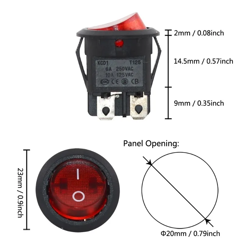 20mm Round Rocker Switch Square Base Black/Red 6A 250V DPDT Power Switches