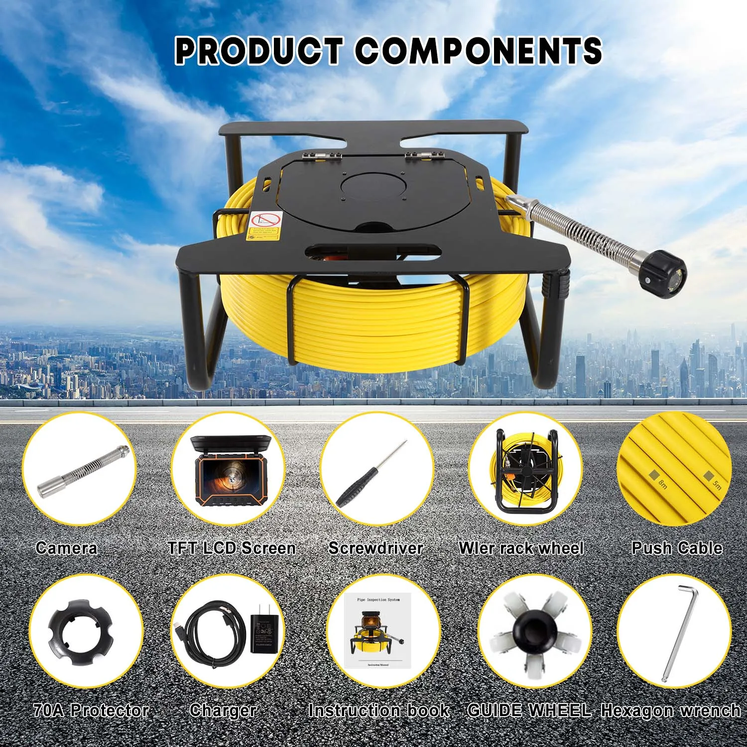 Sewer Pipeline Inspection Camera 5 "High-Definition Screen 512HZ Wireless Transmission 16GB DVR IP68 Waterproof Endoscope