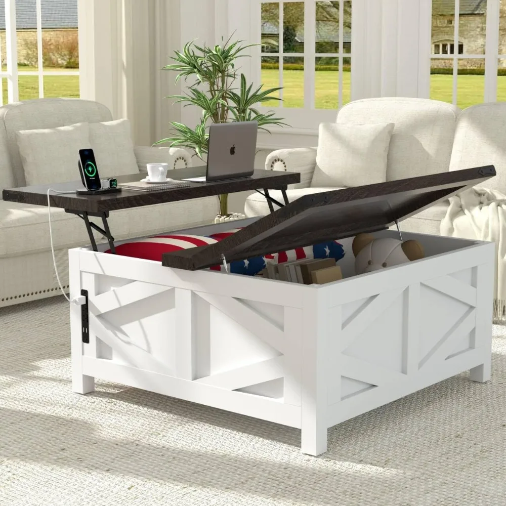 

36 Farmhouse Lift Top Coffee Table With Storage, Square Coffee Table With Charging Station, Living Room Center Table With