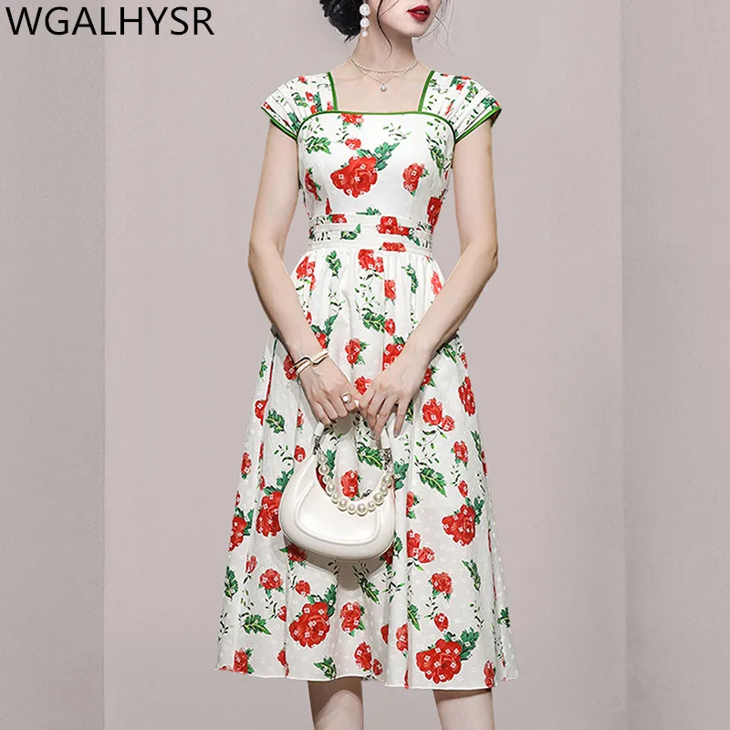 

New Summer Fashion Retro Dresses Women Square Neck Sleeveless Pleated Slim Print Dresses Female Clothing