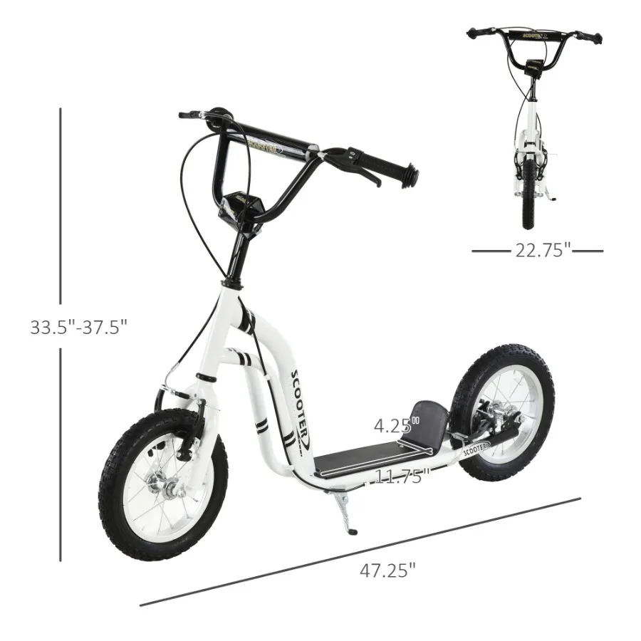Youth Scooter Front and Rear Caliper Dual Brakes 12Inch Inflatable Front Wheel Ride On Toy For Age 5+ White