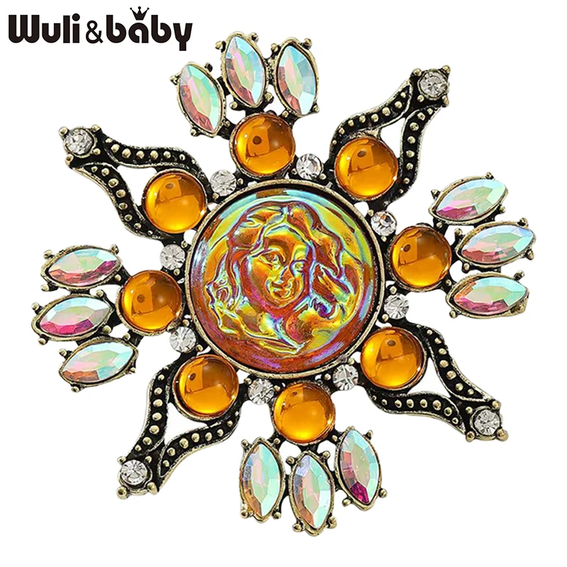 Wuli&baby Broches vintage con forma de cara de caméo para mujer, broche unisex con diamantes de imitación, flor de sol, broche informal para fiesta, regalos de moda