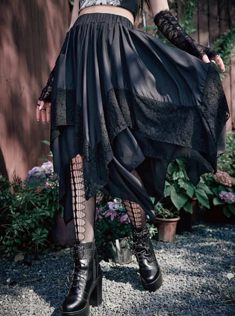 

Женская винтажная юбка на Хэллоуин, асимметричная двухслойная юбка, женская кружевная лоскутная юбка-миди в готическом стиле в стиле панк для девочек
