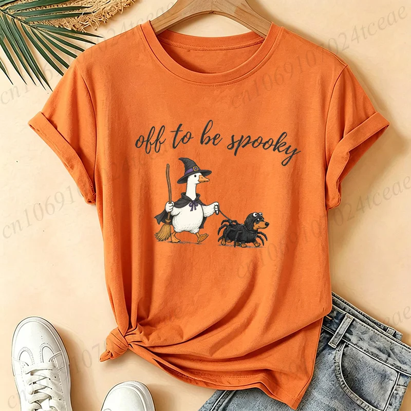 Streetwear 90s Women'S Casual Graphic T-Shirt Off To Be Spooky Witch Goose Dachshund Spider Print T Shirt Halloween Clothing Top