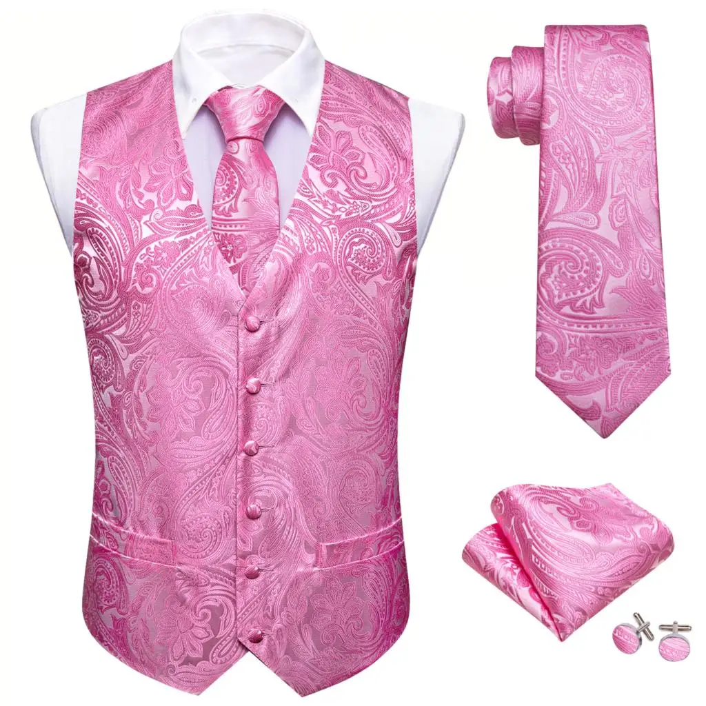 Elegant Men\'s Vest Silk Pink Paisley Wedding Formal Waistcoat Tie Set Sleeveless Suit Dress Jacket Male Clothing Barry Wang