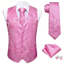 Homens elegantes rosa de seda Paisley colete, colete formal, gravata, terno sem mangas, vestido, jaqueta, roupa masculina, Barry Wang, casamento