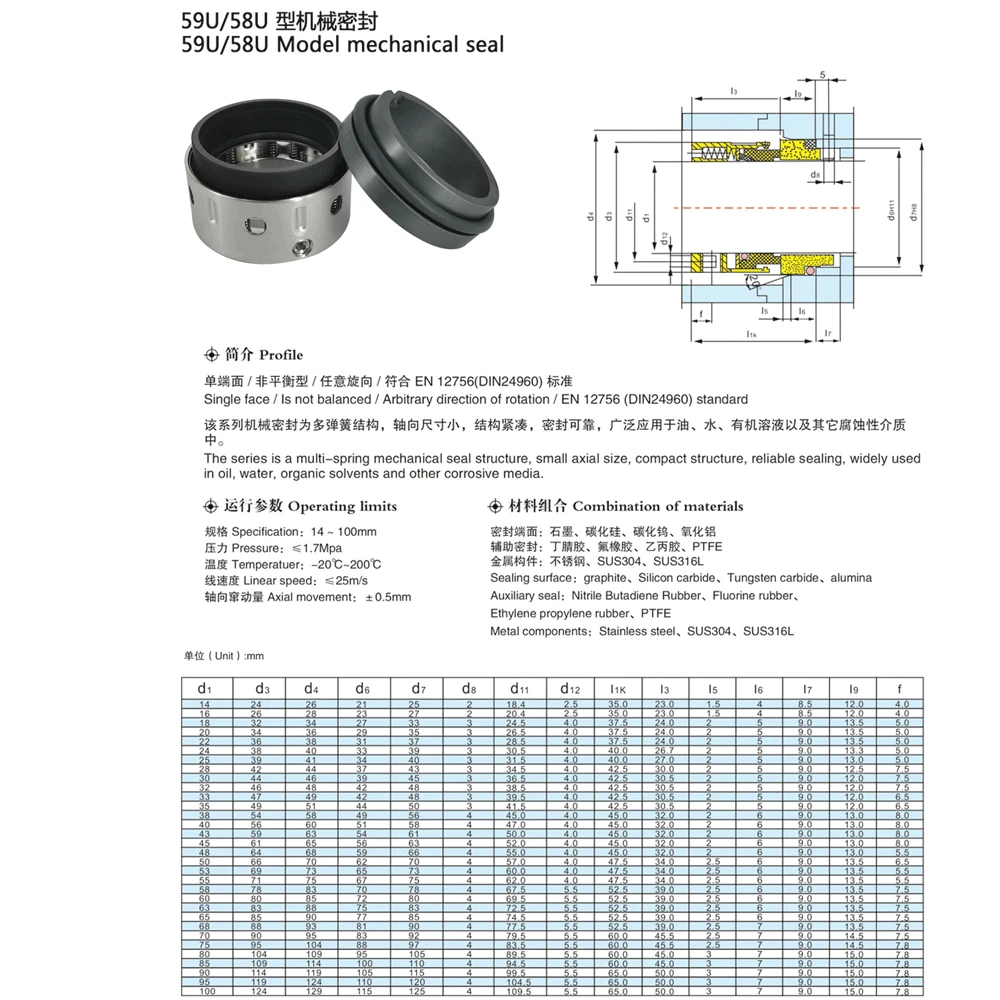 SiC/G/FKM 59U/58U/59V-19/25/30/35/40/43/45/50/55/60/65-100mm sello de eje mecánico resorte único para bomba de agua