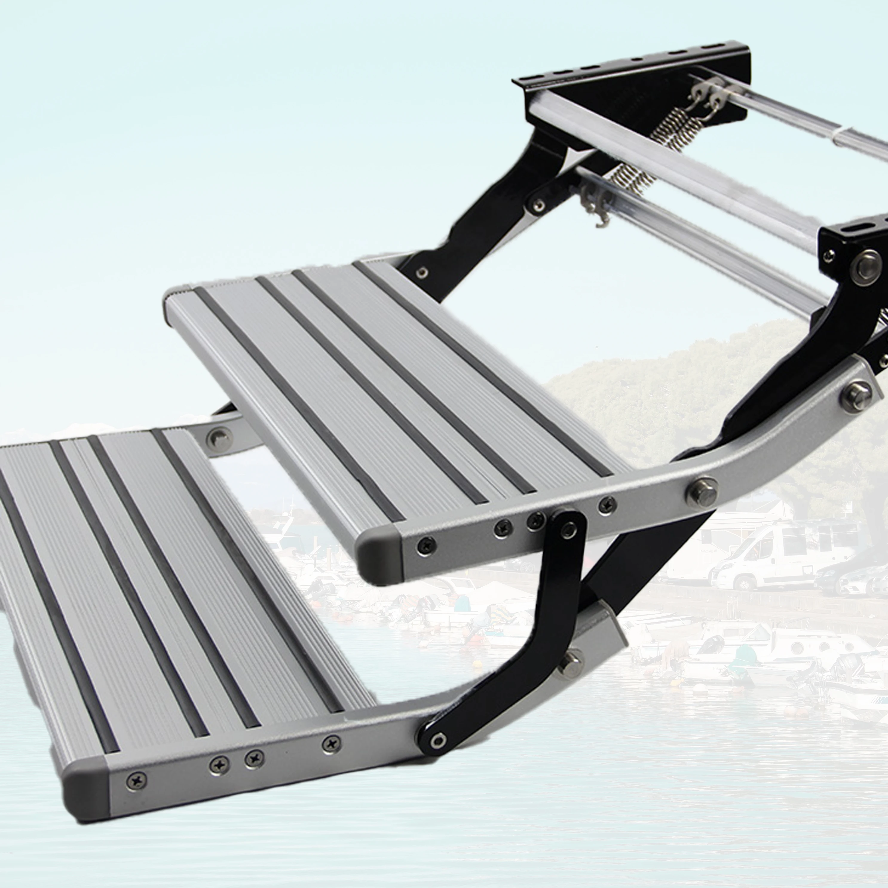 High Tensile Aluminum Alloy &Carbon Steel Motorhome Step 16 RV Folding Step Manual Double Caravan Marine Step 220KG