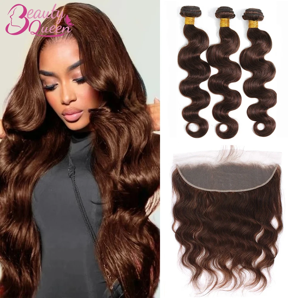 

Body Wave Bundles with Closure #4 Brown Colored 3PCS Human Hair Extension 100% Unprocessed Human Hair Weave Bundles With Frontal