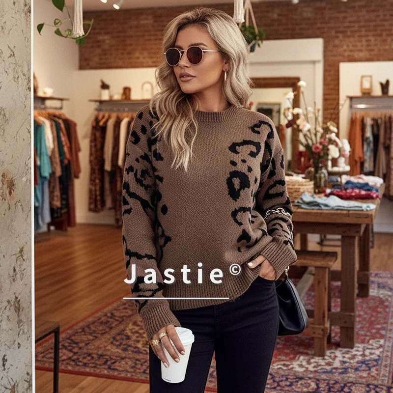 

2026 European And American Fashion Leopard Print Sweater Top Women's Raglan Sleeve Round Neck Pullover Loose Warm Knit Sweater
