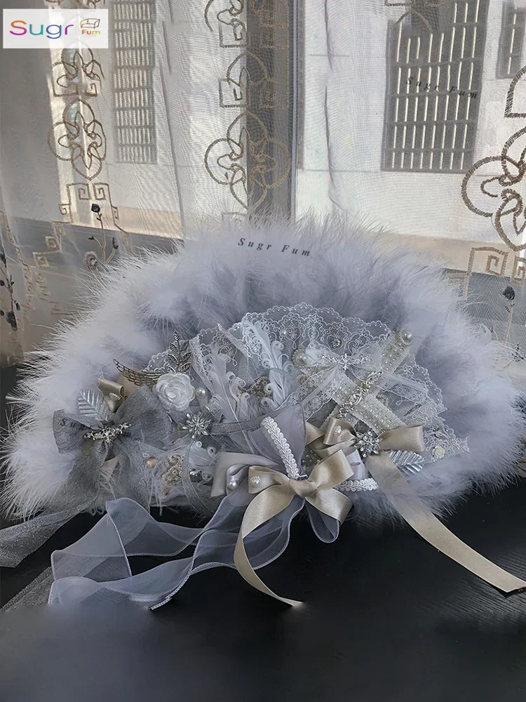Hexagram original lolita handmade custom tea party flower marriage radiant moon sea cinderella silver gray feather lace fan