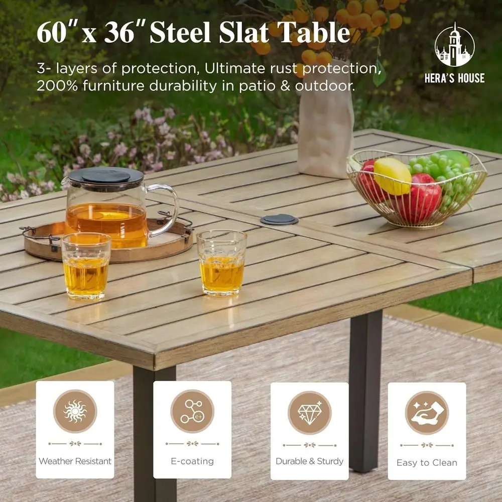 

HOUSE Patio Table and Chairs for 6, 7 Pieces Outdoor Deck Dining Sets, WoodLike Rectangular Metal Table Set with Chairs for Law