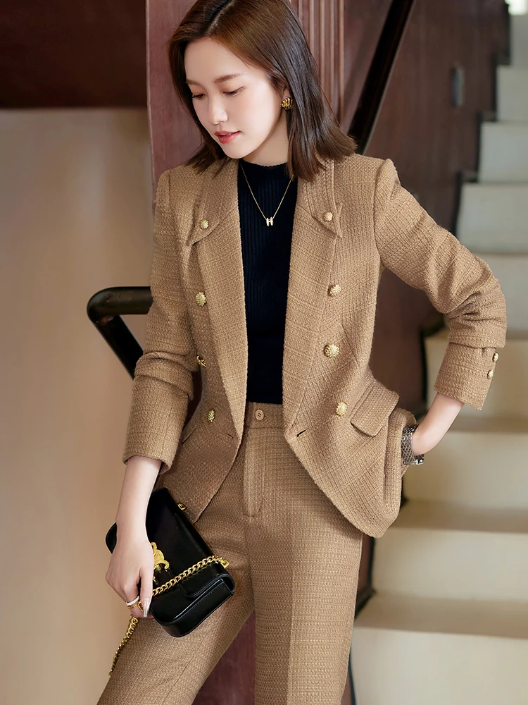 Fashion Blue Khaki Black Plaid Ladies Work Wear Pant Suit 2 Piece Set Women Female Winter Formal Jacket Blazer and Trouser