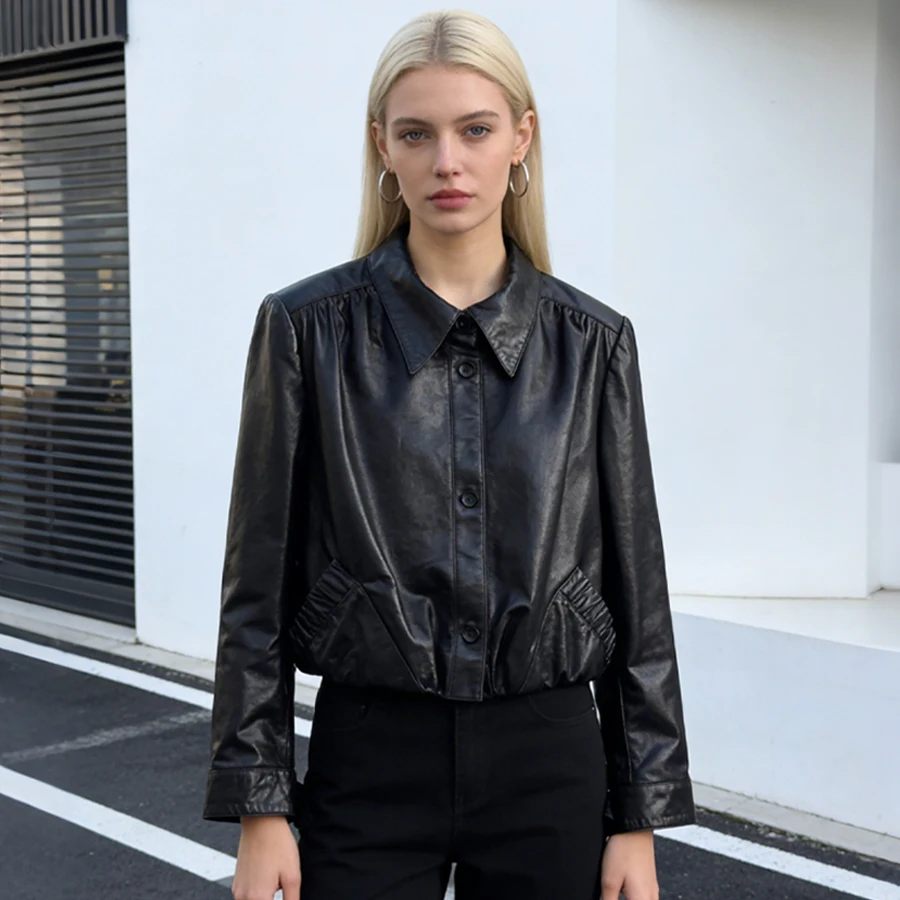 

Cropped Leather Jacket Short Genuine Sheepskin Coat Luxury Women's Fitted Leather Jacket