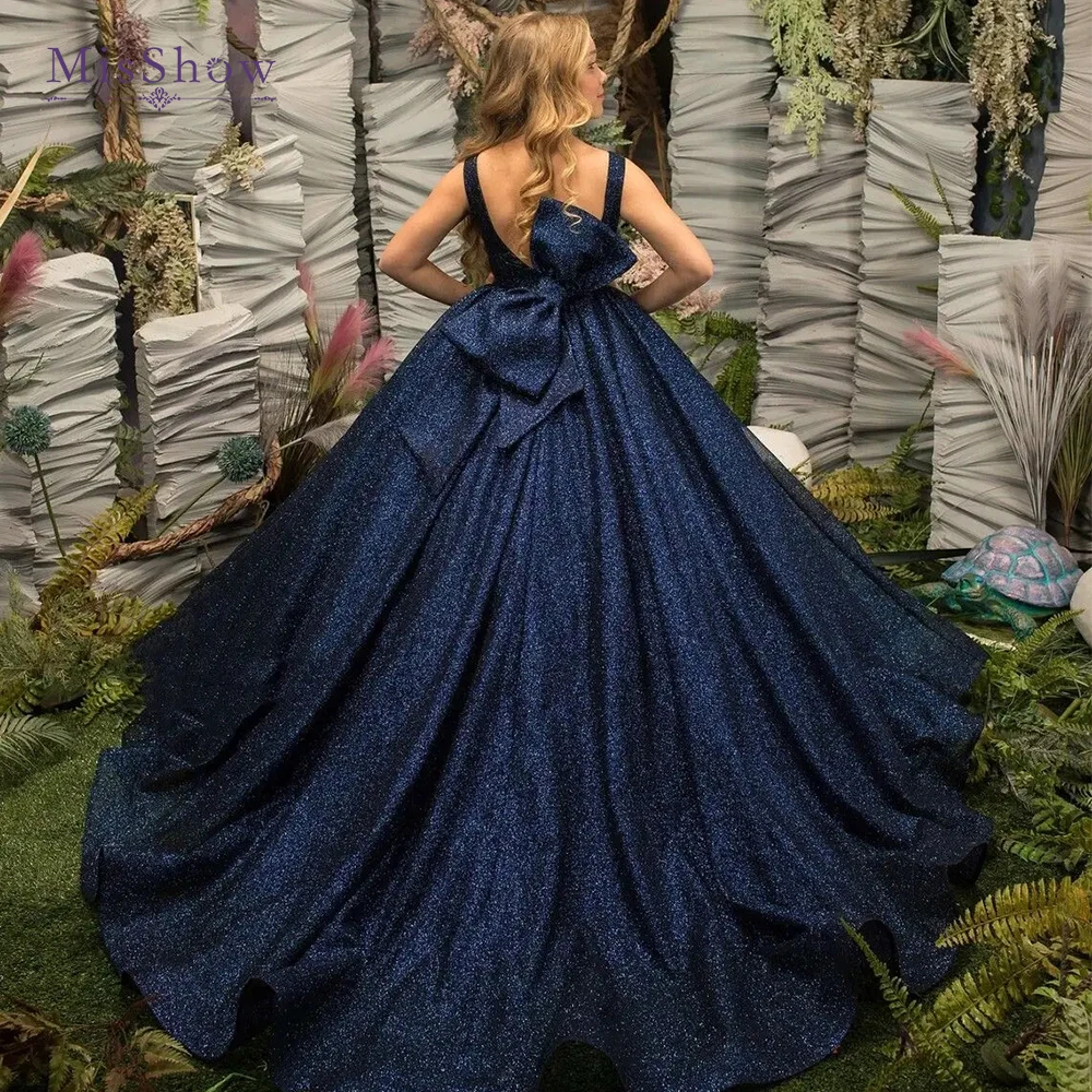 MisShow Navy Blue Flower Girl Dresses Big Bow Back Glitter Long Child Wedding Princess Birthday Party Pageant Ball Gown for Girl