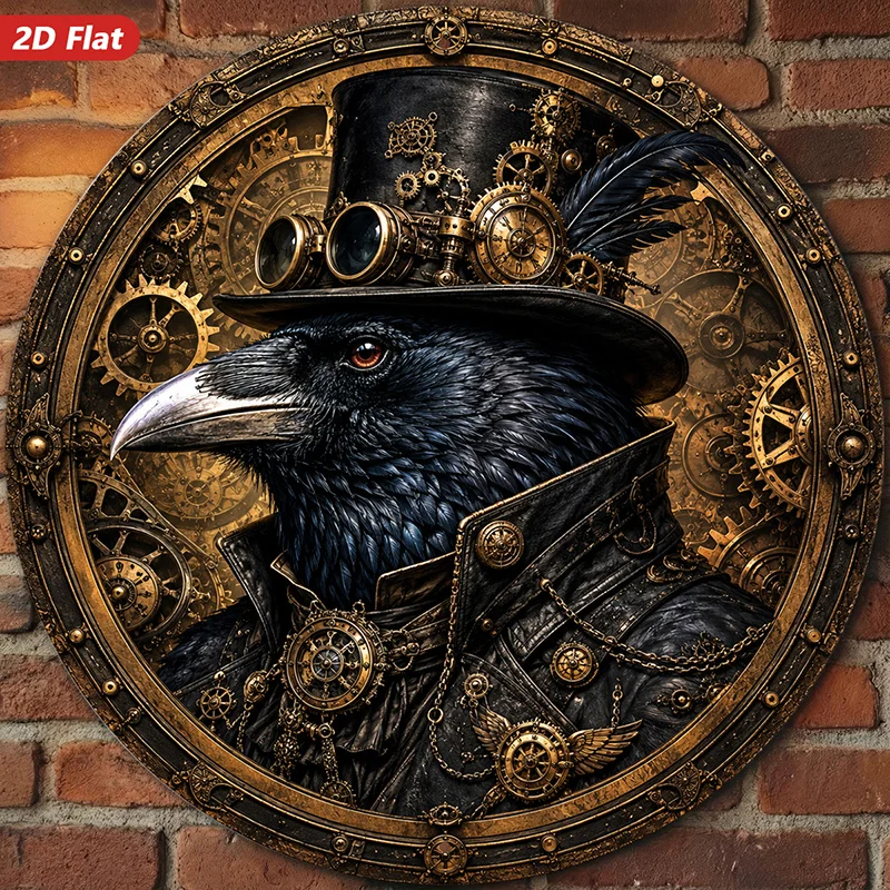 CIFBUY 2D Steampunk Round Aluminum Wall Art Crow Gear Waterproof Durable Metal Sign Decor for Living Room Bedroom Office