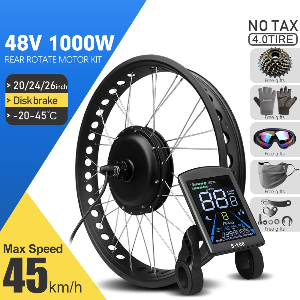 Electric Fat Bike Kit 48V 1000W 4.0Tyre Rear Rotate Hub Motor Wheel Dropout 170/190mm for Snow ebike Conversion Kit 20 24 26inch