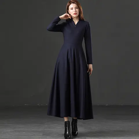 Women's Black Shawl Collar Long Sleeve Wool Dress - Elegant Slim Fit Full Length Party Dress, 2026 Autumn/Winter & Spring New Ar