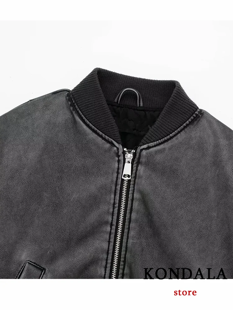 KONDALA Vintage Casual Chic Bomber Jacket Solid Zipper O-Neck Pocket Long Sleeve Short Coats Fashion 2023  Autumn Winter Coats