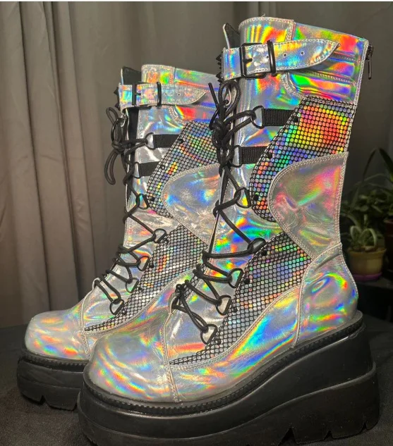 

Punk Style Round Toe Knee-High Platform Women Boots Chunky High Heels Side Zipper Design Large Size Y2K Cosplay Customized Shoes