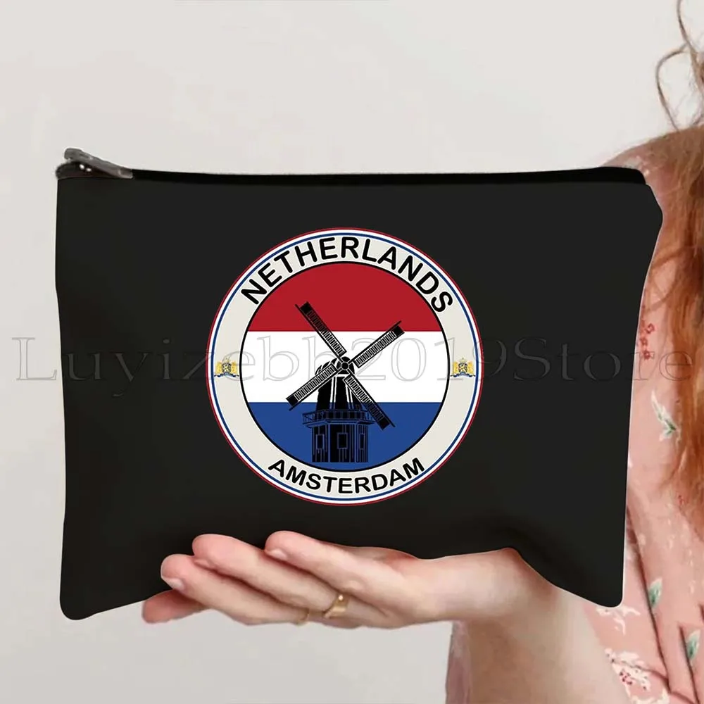 Amsterdam Landmark Skyline Emblem Bandera holandesa de Países Bajos Mapa Regalos de viaje Bolsa de maquillaje cosmético de lona Estuche para lápices Bolsa con cremallera