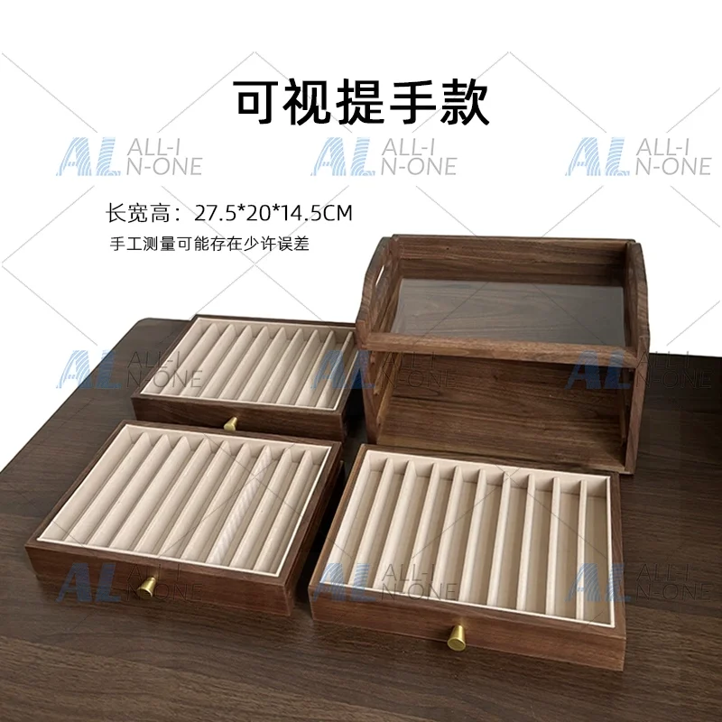 Large Capacity Drawer Case Black Walnut Wood Pen Storage Box Multi-layer Drawer Display Box Brass Handle Desk Organizer